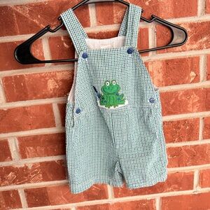 Green and white boys gingham overalls with frog embroider